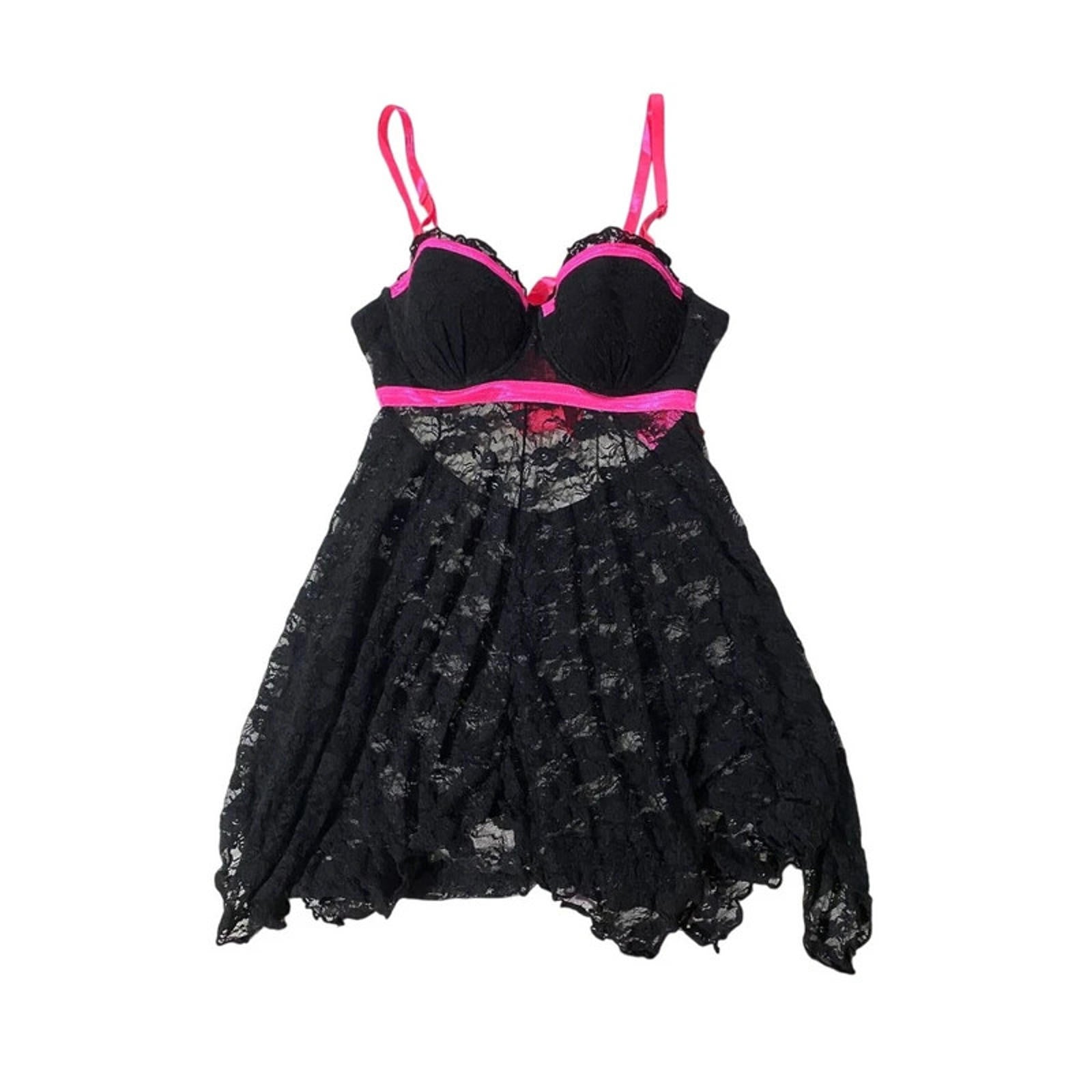 size 34b small hot pink and black floral lace babydoll top mcbling y2k 2000s vintage