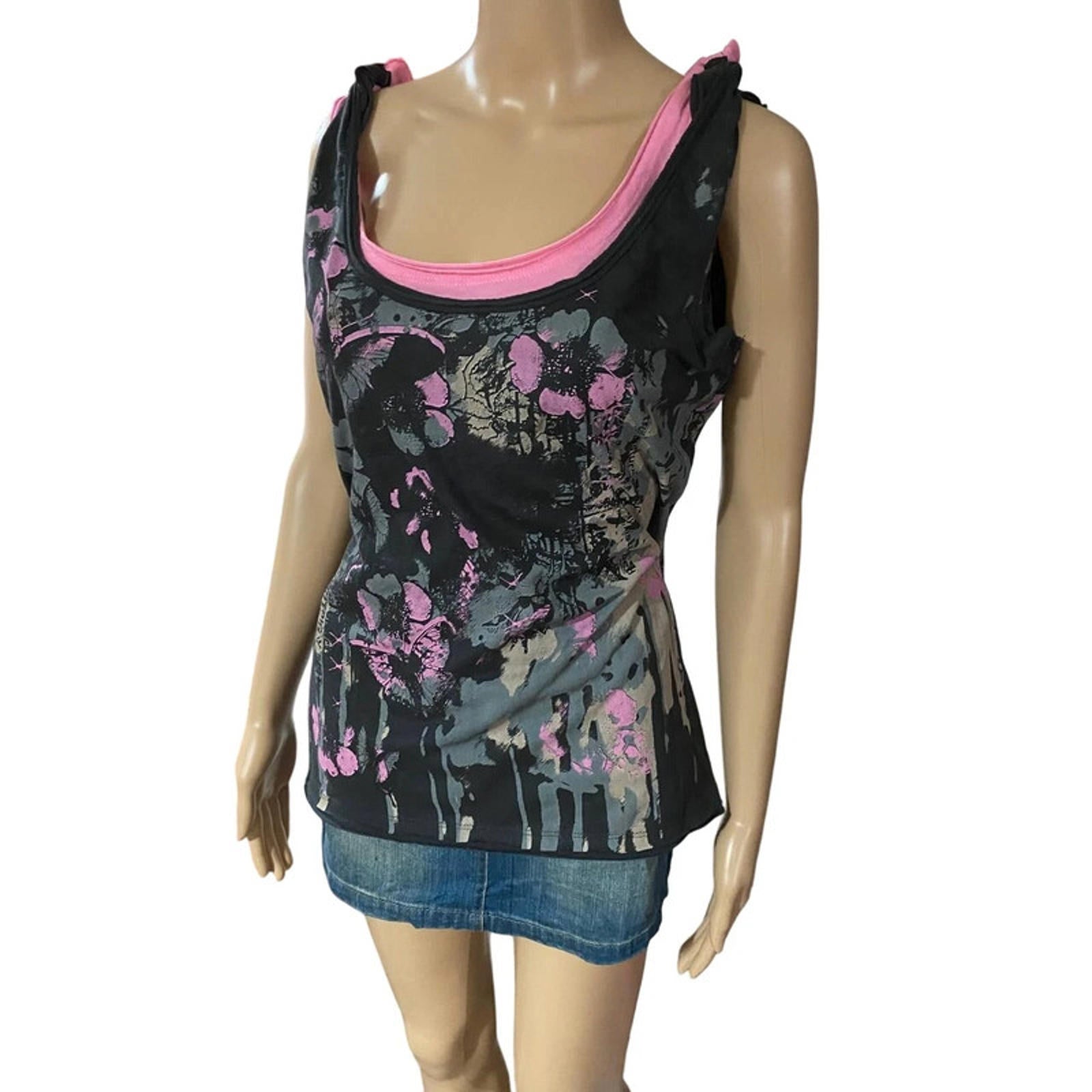 rare vintage new look size 12 pink and black grunge mcbling tank top