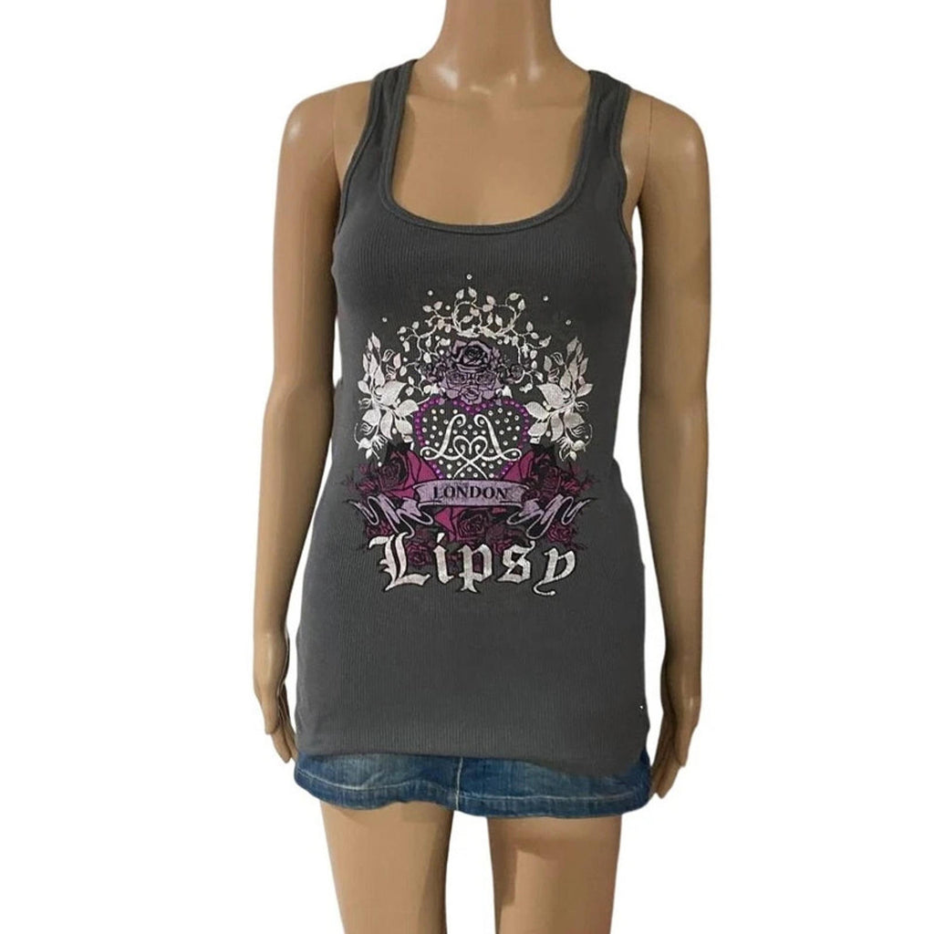 lipsy rare size 12 tank top rhinestone mcbling y2k 2000s grey and purple