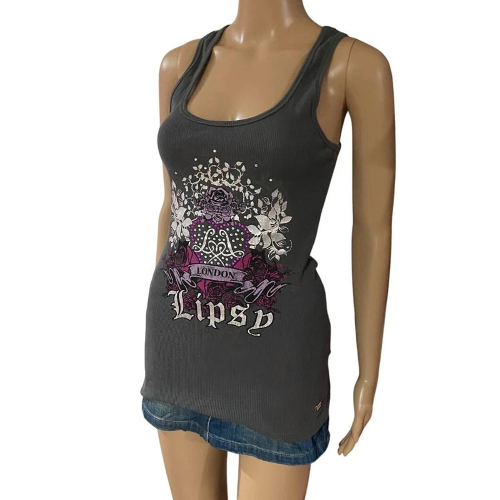 lipsy rare size 12 tank top rhinestone mcbling y2k 2000s grey and purple