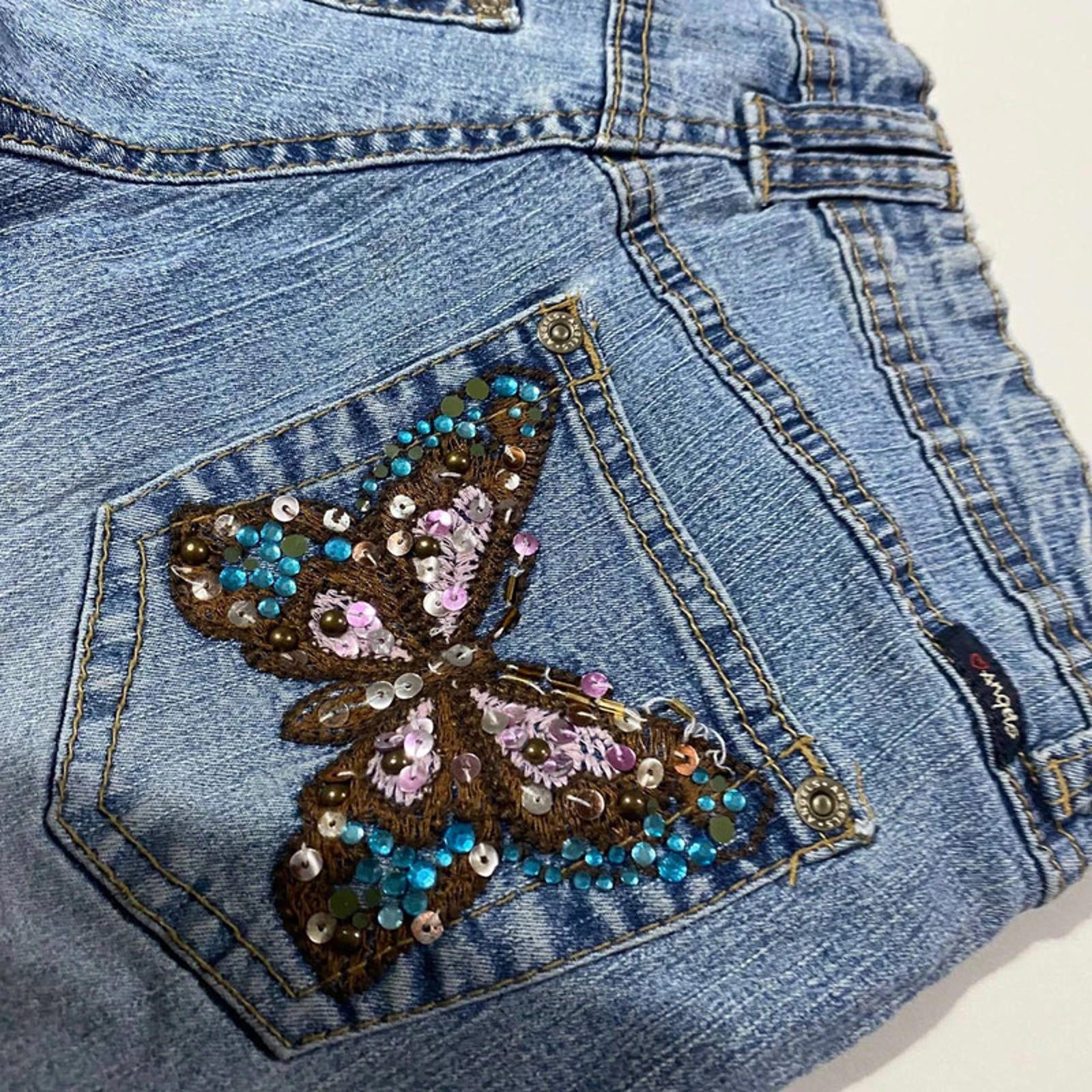 butterfly angels vintage denim shorts embellished - size 6 - waist 24 - y2k 2000s mcbling