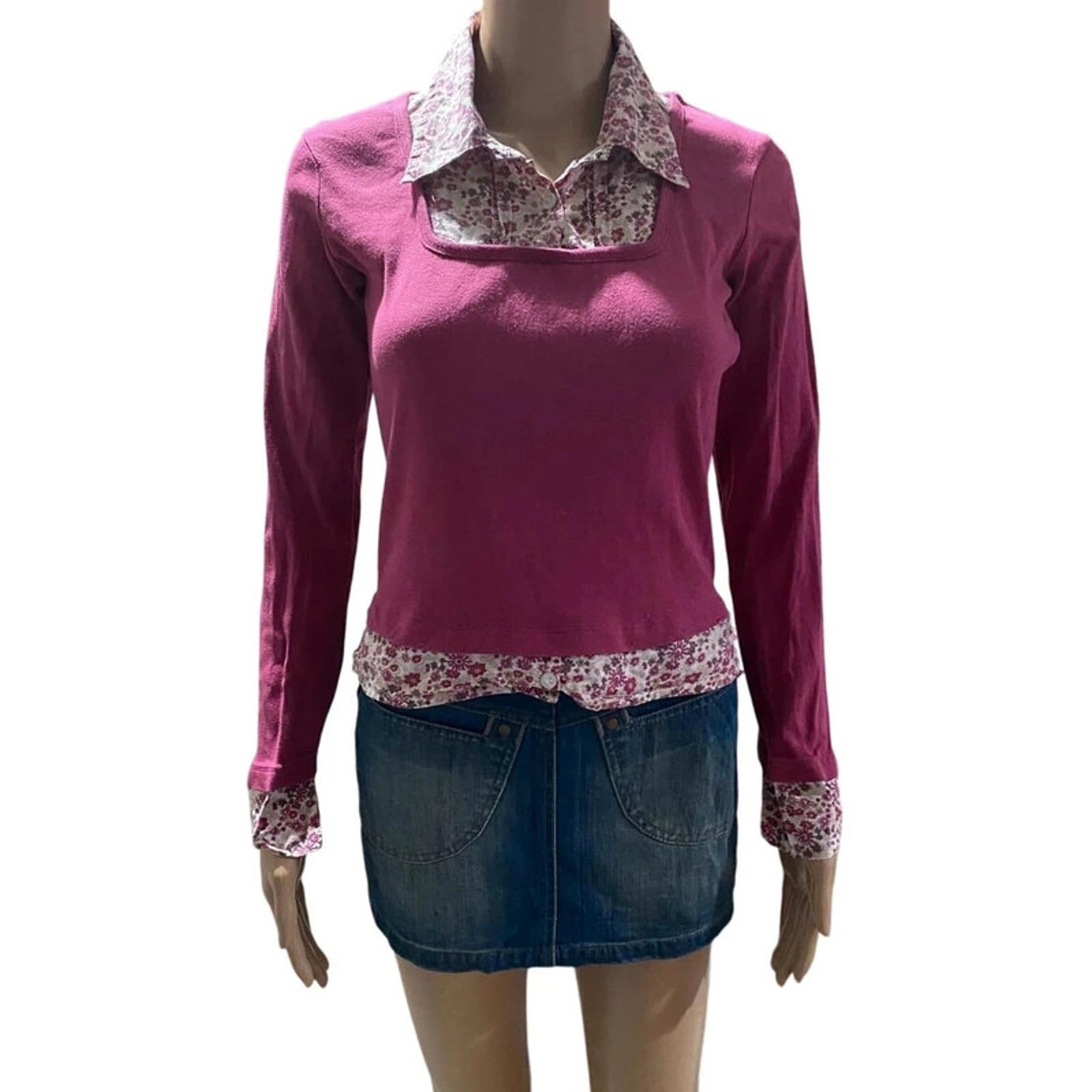 y.d fit adult uk 6 - pink floral fake two piece jumper - vintage 2000s y2k