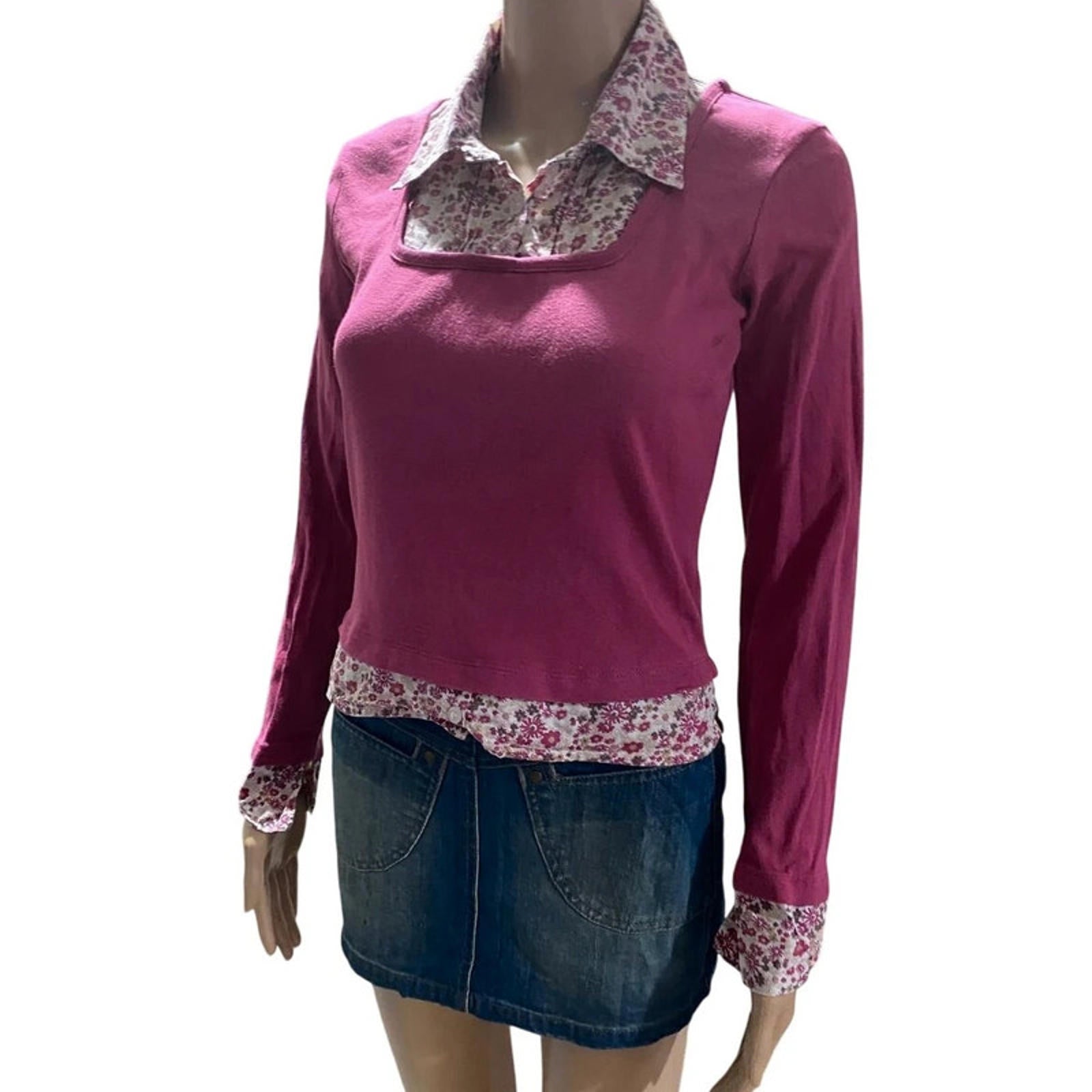 y.d fit adult uk 6 - pink floral fake two piece jumper - vintage 2000s y2k