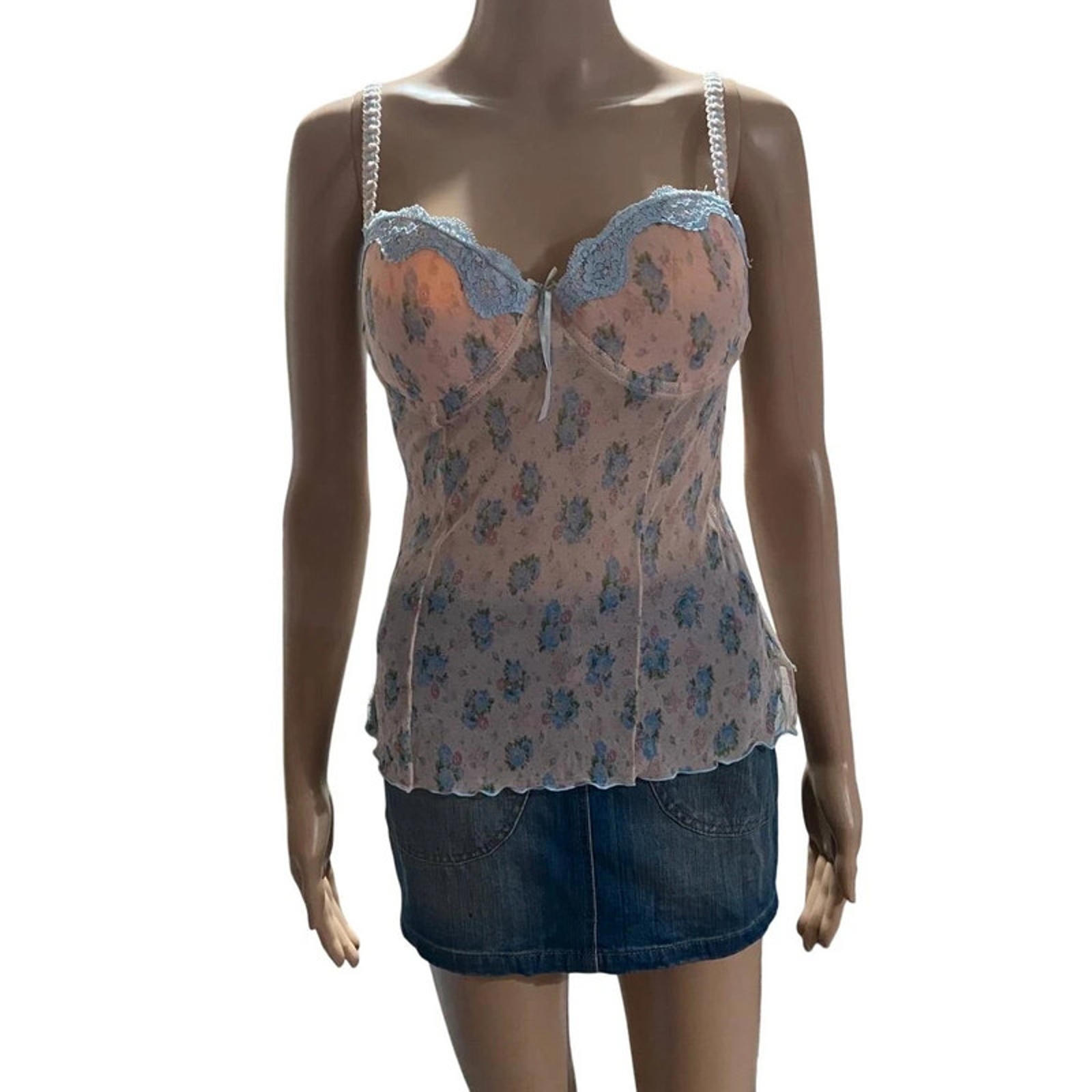 sophie b. size large floral cami babydoll top blue and peach - vintage y2k 2000s coquette