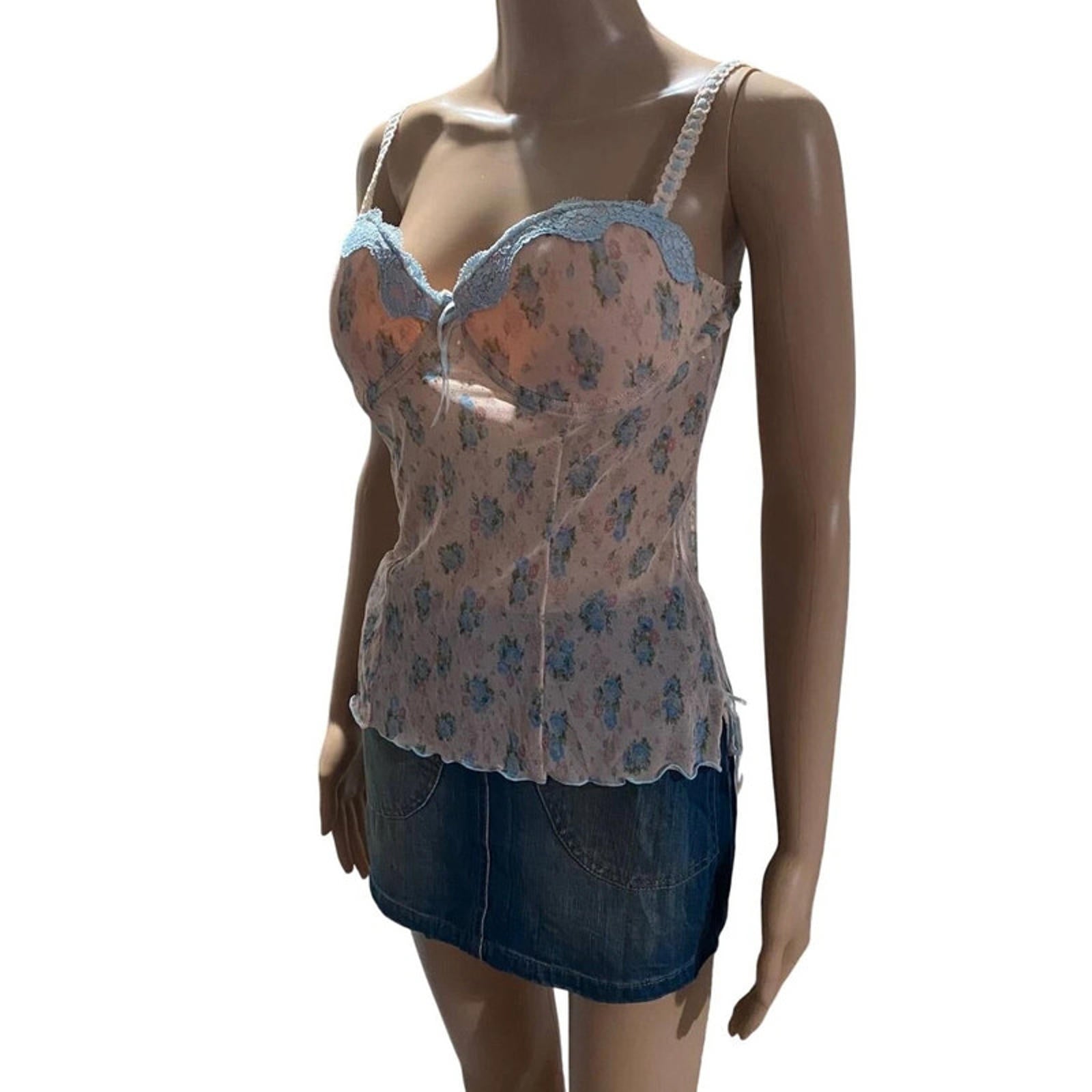 sophie b. size large floral cami babydoll top blue and peach - vintage y2k 2000s coquette