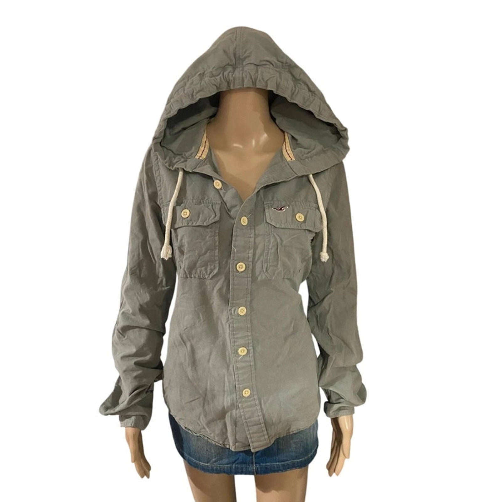 vintage size small hollister parka coat 2000s y2k autumn winter grey button up